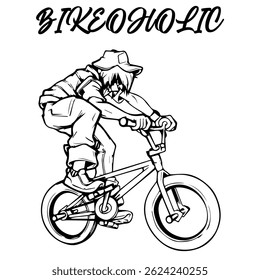 Imagem Monocromática Vetorial Simples De Um Ciclista Sobre Uma Bicicleta Sobre Um Fundo Branco Com Letras BIQUEOHOLIC. Imagem da camiseta. Imagem Para Tatuagem. Design de jaqueta.