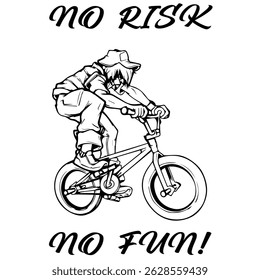 Simple Vector Monochrome Image Of A Cyclist On A Bicycle On A White Background With Lettering NO RISK NO FUN!. T-shirt Image. Image For Tattoo. Jacket design.