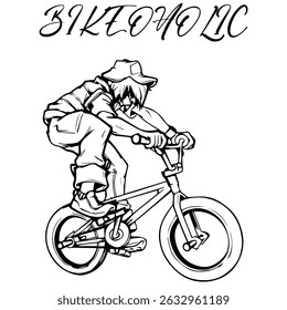 Imagem Monocromática Vetorial Simples De Um Ciclista Sobre Uma Bicicleta Sobre Um Fundo Branco Com Letras BIQUEOHOLIC. Imagem da camiseta. Imagem Para Tatuagem. Design de jaqueta.