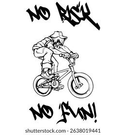 Simple Vector Monochrome Image Of A Cyclist On A Bicycle On A White Background With Lettering NO RISK NO FUN!. T-shirt Image. Image For Tattoo. Jacket design.