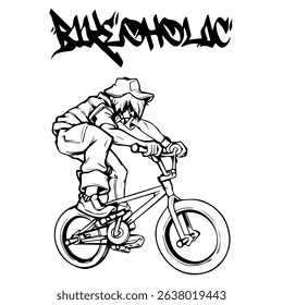 Simple Vector Monochrome Image Of A Cyclist On A Bicycle On A White Background With Lettering BIKEOHOLIC. T-shirt Image. Image For Tattoo. Jacket design.