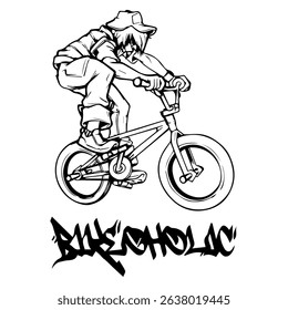 Simple Vector Monochrome Image Of A Cyclist On A Bicycle On A White Background With Lettering BIKEOHOLIC. T-shirt Image. Image For Tattoo. Jacket design.