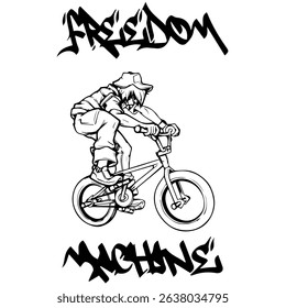 Simple Vector Monochrome Image Of A Cyclist On A Bicycle On A White 
Background With Lettering FREEDOM MACHINE. T-shirt Image. Image For Tattoo. Jacket design.
