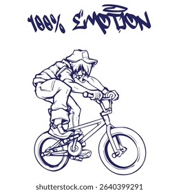 Simple Vector Monochrome Image Of A Cyclist On A BMX Bike On A White Background With Lettering 100% EMOTION. T-shirt Image. Image For Tattoo. Jacket design.