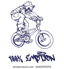 Simple Vector Monochrome Image Of A Cyclist On A BMX Bike On A White Background With Lettering 100% EMOTION. T-shirt Image. Image For Tattoo. Jacket design.
