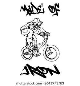 Simple Vector Monochrome Image Of A Cyclist On A Bicycle On A White Background With Lettering MADE OF IRON. T-shirt Image. Image For Tattoo. Jacket design.