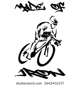 Vetor Simples Imagem Monocromática De Um Ciclista Em Uma Bicicleta Sobre Um Fundo Branco Com Letras FEITAS DE FERRO. Imagem da camiseta. Imagem Para Tatuagem. Design de jaqueta.