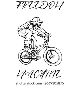 Vetor Simples Imagem Monocromática De Um Ciclista Em Uma Bicicleta Em Um Fundo Branco Com MÁQUINA DE LIBERDADE De Letras. Imagem da camiseta. Imagem Para Tatuagem. Design de jaqueta.
