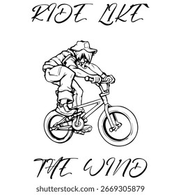 Imagem Monocromática Vetorial Simples De Um Ciclista Em Uma Bicicleta Sobre Um Fundo Branco Com A Letra RIDE LIKE THE WIND. Imagem da camiseta. Imagem Para Tatuagem. Design de jaqueta.