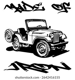 Simple Vector Monochrome Image Of A Military SUV From The Second World Ward  On A White Background With Lettering MADE OF IRON. T-shirt Image. Image For Tattoo. Jacket design.