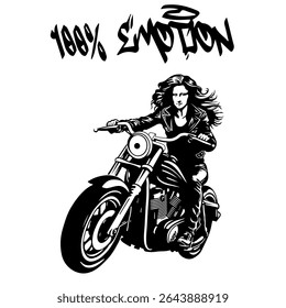 Simple Vector Monochrome Image Of A Mona Lisa On A Motorcycle On A White Background With Lettering 100% EMOTION. T-shirt Image. Image For Tattoo. Jacket design.