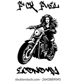 Simple Vector Monochrome Image Of A Mona Lisa On A Motorcycle On A White Background With Lettering F*CK FUEL ECONOMY. T-shirt Image. Image For Tattoo. Jacket design.