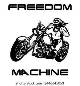 Simple Vector Monochrome Image Of A Motorcycle Wheel On A White Background With Lettering FREEDOM MACHINE. T-shirt Image.