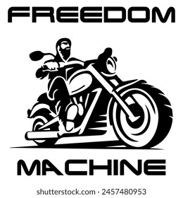 Simple Vector Monochrome Image Of A Motorcycle Wheel On A White Background With Lettering FREEDOM MACHINE. T-shirt Image.