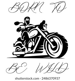 Simple Vector Monochrome Image Of A Motorcycle Wheel On A White Background With Lettering BORN TO BE WILD. T-shirt Image.