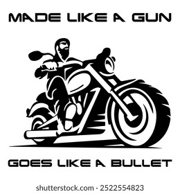 Einfaches, einfarbiges Vektorbild eines Motorradrades auf weißem Hintergrund mit einer WAFFENARTIGEN Beschriftung, die wie eine KUGEL VERLÄUFT. T-Shirt Bild.