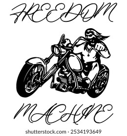 Simple Vector Monochrome Image Of A Motorcycle Wheel On A White Background With Lettering FREEDOM MACHINE. T-shirt Image.