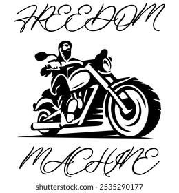 Simple Vector Monochrome Image Of A Motorcycle Wheel On A White Background With Lettering FREEDOM MACHINE. T-shirt Image.