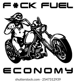 Simple Vector Monochrome Image Of A Motorcycle Wheel On A White Background With Lettering F*CK FUEL ECONOMY. T-shirt Image.