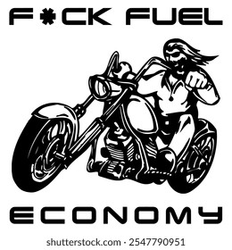 Simple Vector Monochrome Image Of A Motorcycle Wheel On A White Background With Lettering F*CK FUEL ECONOMY. T-shirt Image.