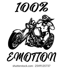 Simple Vector Monochrome Image Of A Motorcycle Wheel On A White Background With Lettering 100% EMOTION. T-shirt Image.