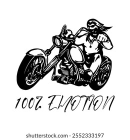 Simple Vector Monochrome Image Of A Motorcycle Wheel On A White Background With Lettering 100% EMOTION. T-shirt Image. Jacket design.