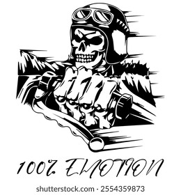 Simple Vector Monochrome Image Of A Motorcycle In The Form Of A Human Skeleton On A White Background With Lettering 100% EMOTION. T-shirt Image. Image For Tattoo. Jacket design.