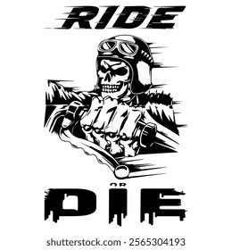 Simple Vector Monochrome Image Of A Motorcycle In The Form Of A Human Skeleton On A White Background With Lettering RIDE or DIE. T-shirt Image. Image For Tattoo. Jacket design.