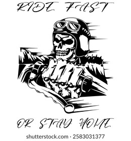 Simple Vector Monochrome Image Of A Motorcycle In The Form Of A Human Skeleton On A White Background With Lettering RIDE FAST OR STAY HOME. T-shirt Image. Image For Tattoo. Jacket design