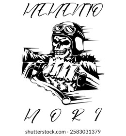 Simple Vector Monochrome Image Of A Motorcycle In The Form Of A Human Skeleton On A White Background With Lettering MEMENTO MORI. T-shirt Image. Image For Tattoo. Jacket design