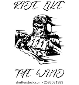 Simple Vector Monochrome Image Of A Motorcycle In The Form Of A Human Skeleton On A White Background With Lettering RIDE LIKE THE WIND. T-shirt Image. Jacket design