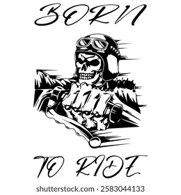 Simple Vector Monochrome Image Of A Motorcycle In The Form Of A Human Skeleton On A White Background With Lettering BORN TO RIDE. T-shirt Image. Image For Tattoo. Jacket design