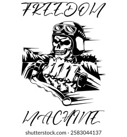 Simple Vector Monochrome Image Of A Motorcycle In The Form Of A Human Skeleton On A White Background With Lettering FREEDOM MACHINE. T-shirt Image. Image For Tattoo. Jacket design