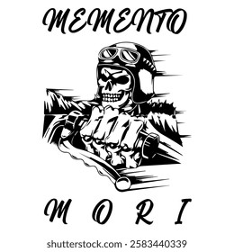 Simple Vector Monochrome Image Of A Motorcycle In The Form Of A Human Skeleton On A White Background With Lettering MEMENTO MORI. T-shirt Image. Image For Tattoo. Jacket design.