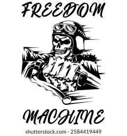 Simple Vector Monochrome Image Of A Motorcycle In The Form Of A Human Skeleton On A White Background With Lettering FREEDOM MACHINE. T-shirt Image. Image For Tattoo. Jacket design