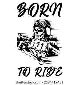 Simple Vector Monochrome Image Of A Motorcycle In The Form Of A Human Skeleton On A White Background With Lettering BORN TO RIDE. T-shirt Image. Image For Tattoo. Jacket design