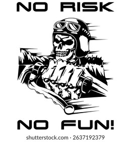 Simple Vector Monochrome Image Of A Motorcycle In The Form Of A Human Skeleton On A White Background With Lettering NO RISK NO FUN!. T-shirt Image. Image For Tattoo. Jacket design