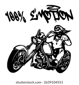 Simple Vector Monochrome Image Of A Motorcycle Wheel On A White Background With Lettering 100% EMOTION. T-shirt Image. Image For Tattoo. Jacket design.