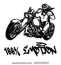Simple Vector Monochrome Image Of A Motorcycle Wheel On A White Background With Lettering 100% EMOTION. T-shirt Image. Image For Tattoo. Jacket design.
