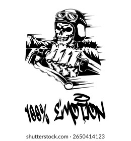 Simple Vector Monochrome Image Of A Motorcycle In The Form Of A Human Skeleton On A White Background With Lettering 100% EMOTION. T-shirt Image. Image For Tattoo. Jacket design.