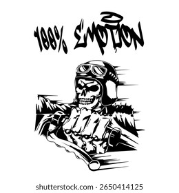 Simple Vector Monochrome Image Of A Motorcycle In The Form Of A Human Skeleton On A White Background With Lettering 100% EMOTION. T-shirt Image. Image For Tattoo. Jacket design.