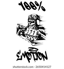 Simple Vector Monochrome Image Of A Motorcycle In The Form Of A Human Skeleton On A White Background With Lettering 100% EMOTION. T-shirt Image. Image For Tattoo. Jacket design.