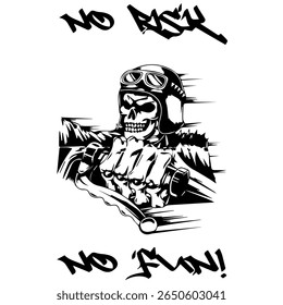 Simple Vector Monochrome Image Of A Motorcycle In The Form Of A Human Skeleton On A White Background With Lettering NO RISK NO FUN!. T-shirt Image. Image For Tattoo. Jacket design