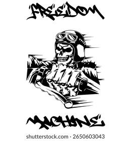 Simple Vector Monochrome Image Of A Motorcycle In The Form Of A Human Skeleton On A White Background With Lettering FREEDOM MACHINE. T-shirt Image. Image For Tattoo. Jacket design