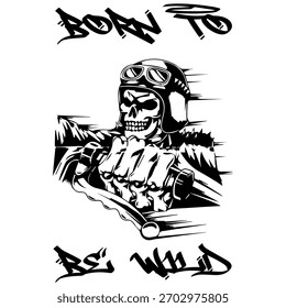 Imagem Monocromática Vetorial Simples De Uma Motocicleta Na Forma De Um Esqueleto Humano Sobre Um Fundo Branco Com Letras NASCIDAS PARA SER SELVAGEM. Imagem da camiseta. Imagem Para Tatuagem. Design de jaqueta.