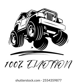 A Simple Vector Monochrome Image Of Offroad Car That Overcomes Off Road On A White Background With The Inscription 100% EMOTION. T-shirt Image. Jacket design.