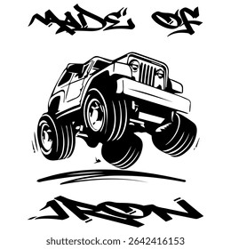 A Simple Vector Monochrome Image Of Offroad Car That Overcomes Off Road On A White Background With The Inscription MADE OF IRON. T-shirt Image. Image For Tattoo. Jacket design.