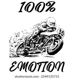 A Simple Vector Monochrome Image Of A Racer On A Racing Motorcycle On A White Background With The Inscription 100% EMOTION. T-shirt Image.