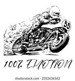 A Simple Vector Monochrome Image Of A Racer On A Racing Motorcycle On A White Background With The Inscription 100% EMOTION. T-shirt Image. Jacket design.