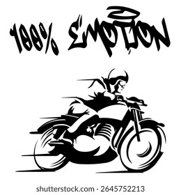 A Simple Vector Monochrome Image Of A Racer On A Racing Motorcycle On A White Background With The Inscription 100% EMOTION. T-shirt Image. Image For Tattoo. Jacket design.